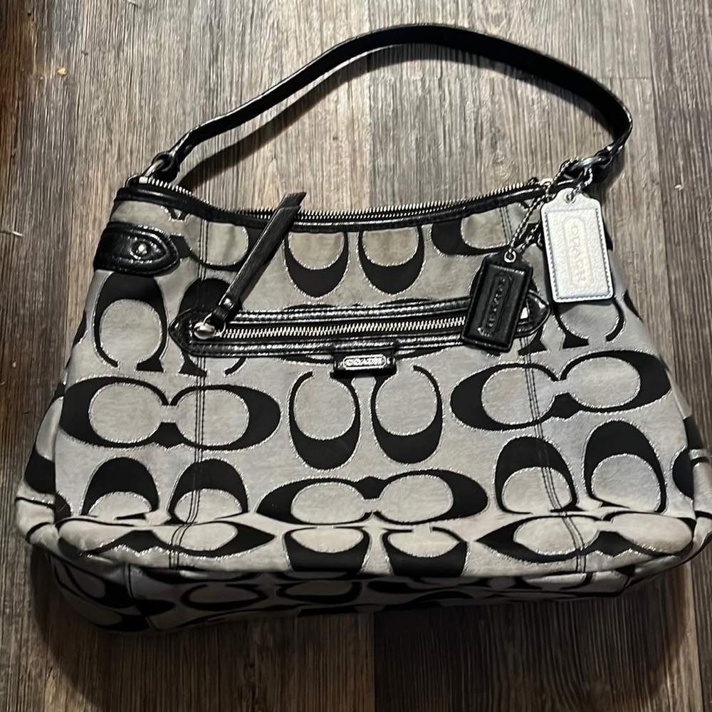 Used Coach Handbag gray and black with baby blue inside lining
